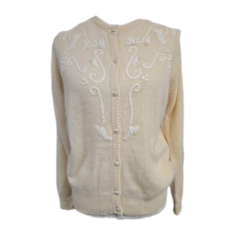 La Redoute VTG Lambswool Angora Blend Sweater Pearl Buttons Cream Women's Size M